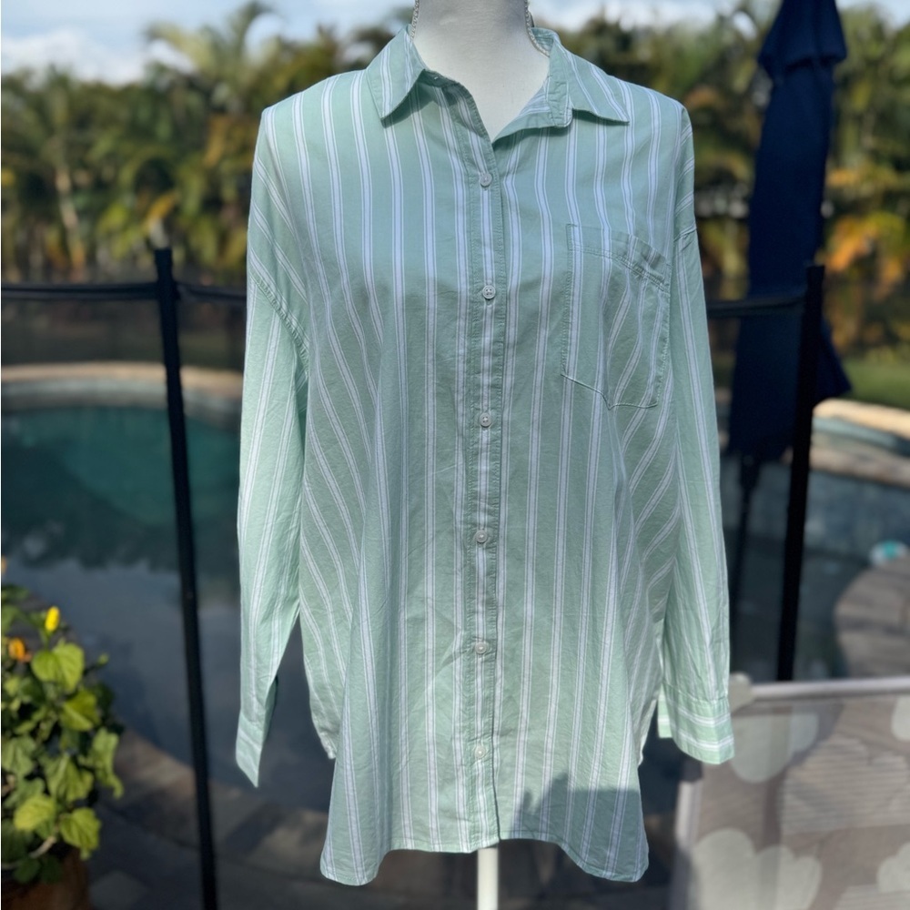 NWT Old Navy Seafoam Green Striped Cotton Button-Up Shirt M